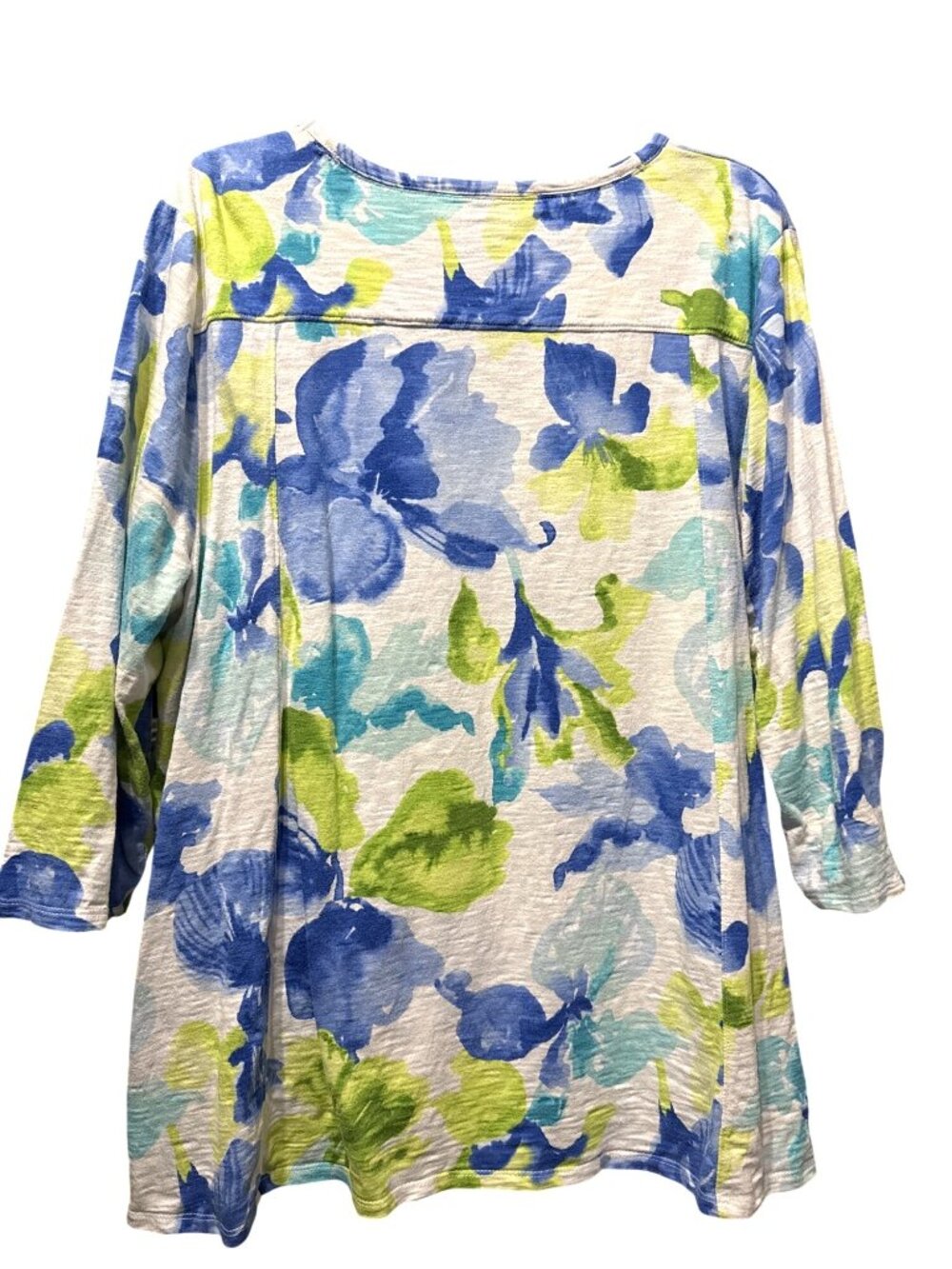 Chicos Size 4 XXL Floral Print 3/4 Sleeve Top Blue/Green Watercolor Design - Picture 3 of 6